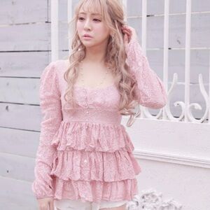 Japanese Kawaii Pastel Peach Pink Cottage Lace Ruffle Layered Tiered Blouse Top